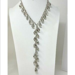 Loft Faceted Teardrop Y Drop Crystal Gray Beaded Silver Long Statement Necklace